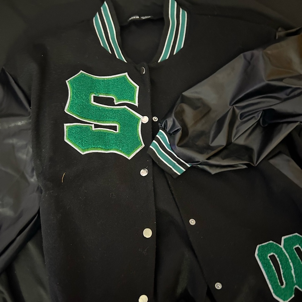 Black Varsity Jacket with Green Lettering